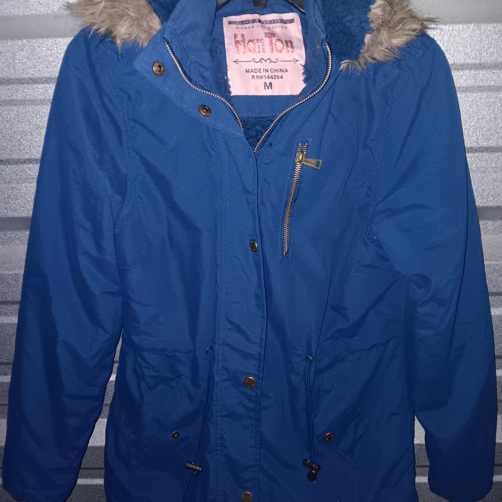 Women's Blue Utility Jacket with Faux Fur Hood
